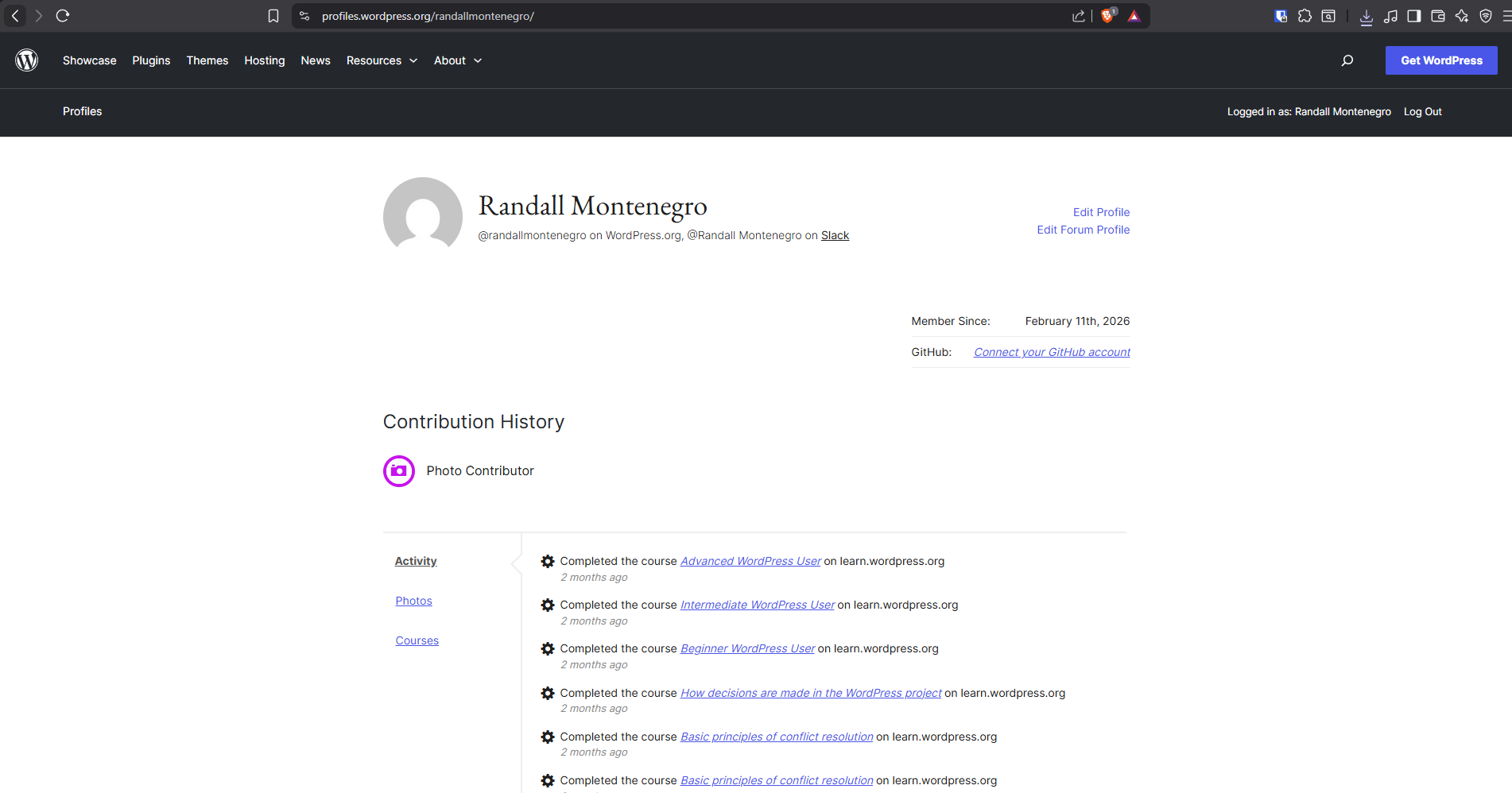 Perfil de Randall Montenegro en profiles.wordpress.org mostrando historial de contribución como Photo Contributor